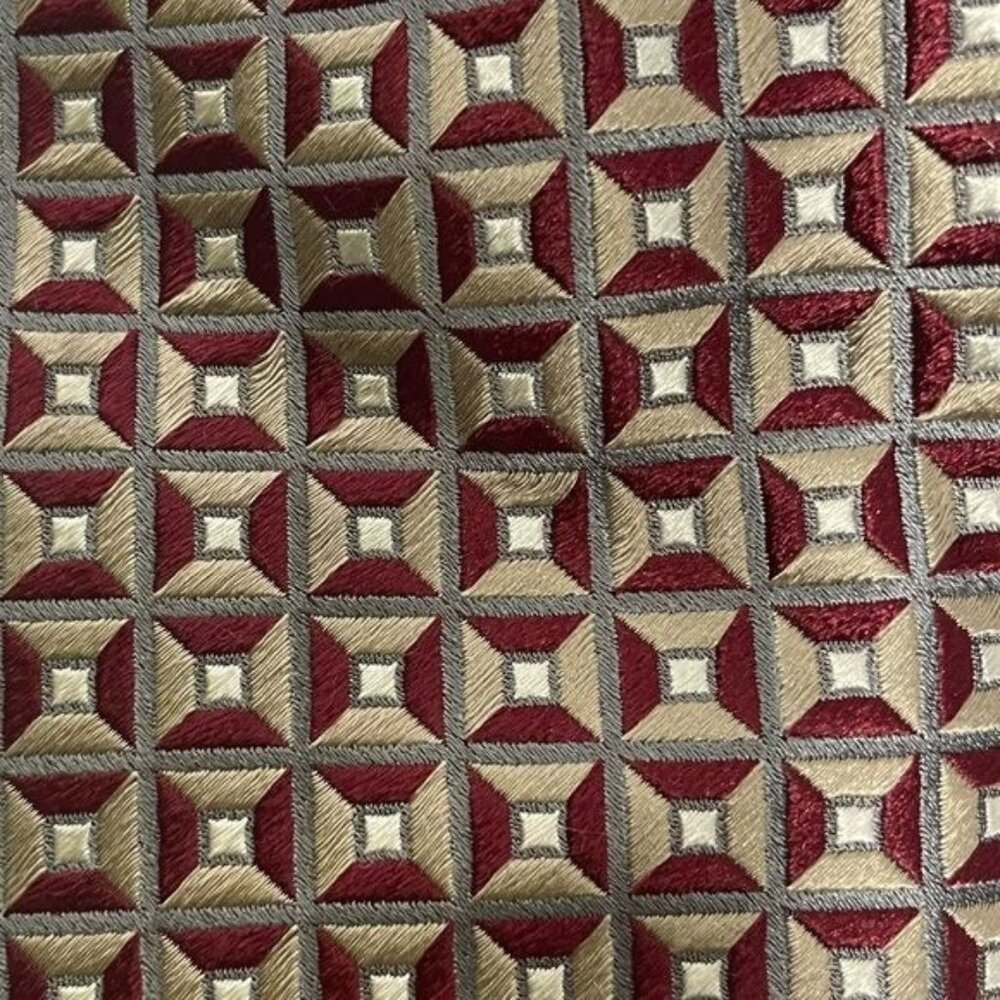 Tasso Elba Burgundy Maroon Gold 100% Silk Geometric Tie Made For Macys